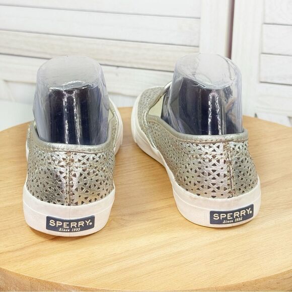 Sperry Seaside Perforated Leather‎ Slip On Sneakers Metallic Sliver 6.5 - Picture 6 of 11